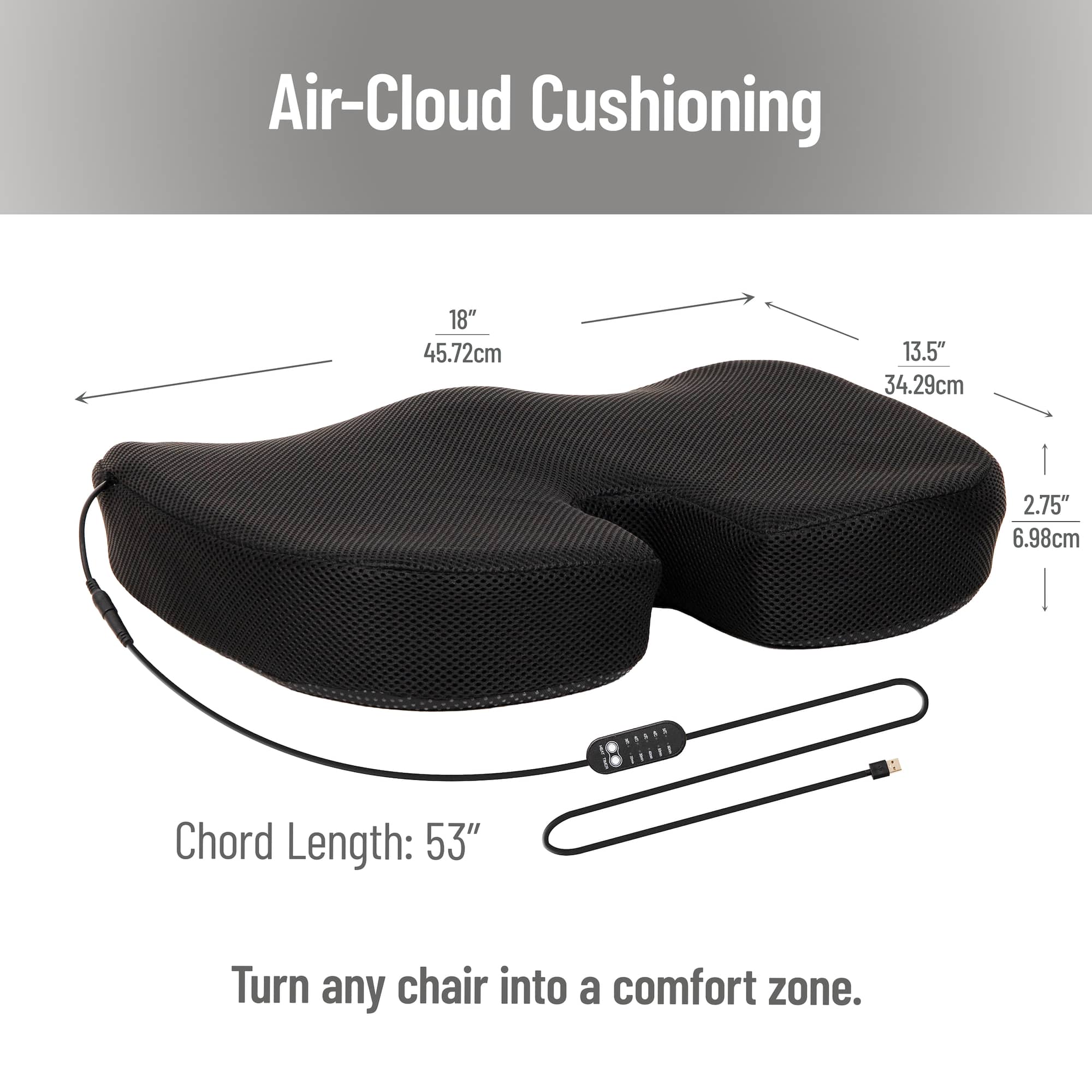 Mind Reader Heated Memory Foam Seat Cushion, Air-Cloud Technology, Coccyx & Hip Pain Relief with 4 Heat Settings, Timer & Auto Shut-Off, Black